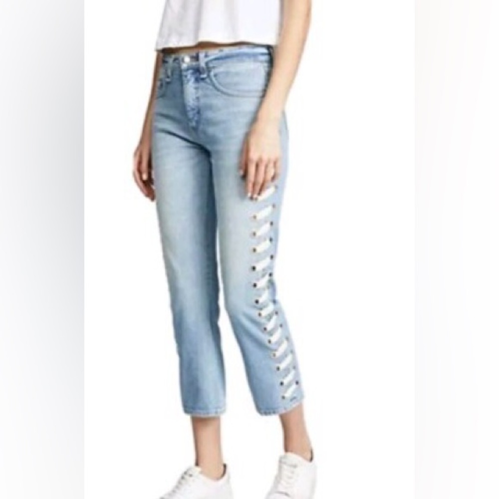 Veronica Beard Ines 10.75" Girlfriend Laced Up Sides Cropped Jeans Woman's Sz 25